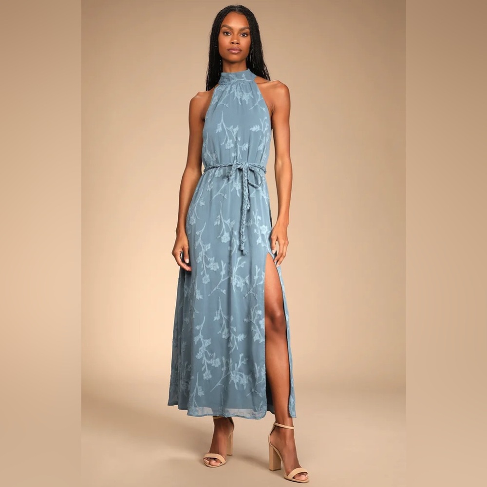 Lulus Breath of Spring Slate Blue Jacquard Halter Maxi Dress